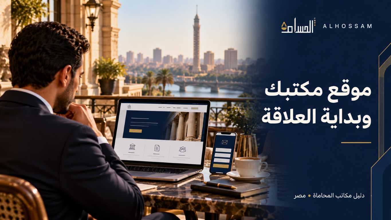 محامٍ يراجع موقع مكتب المحاماة على حاسوب