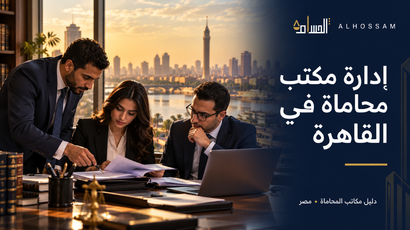 فريق محاماة يراجع العمل داخل مكتب أمام أفق القاهرة